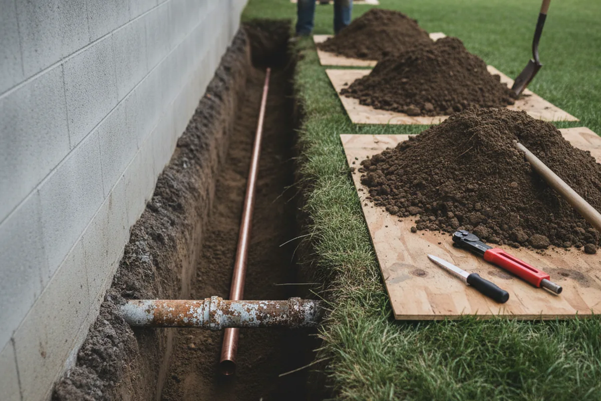 Excavated water line trench during Sewer Line Repair in Hopland